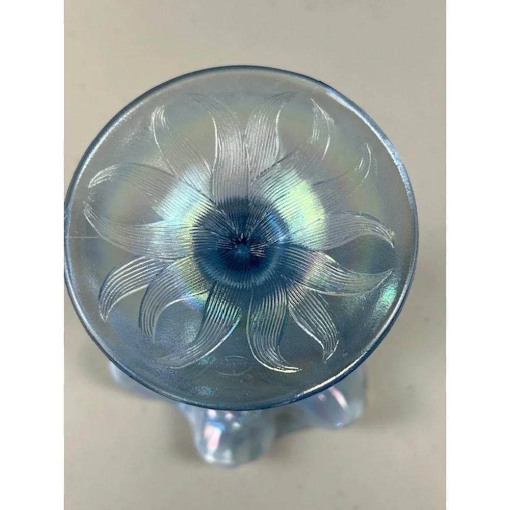 Fenton Ice Blue Iridescent Vase Daffodils Ruffled Edge 7-8